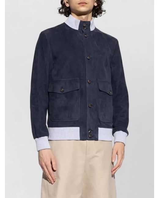 Eleventy Blue Leather Ribbed Bomber Jacket for men