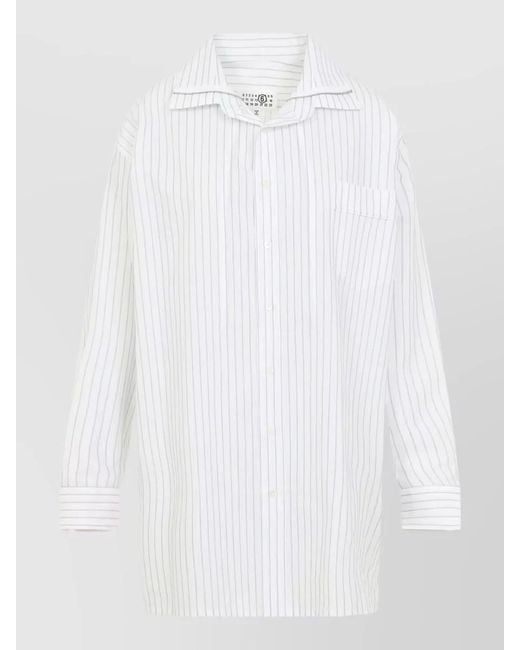 MM6 by Maison Margiela White Straight Collar Striped Shirt Long Sleeves Pocket
