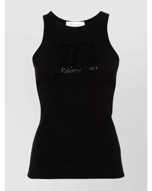 Blumarine Black Ribbed Cotton Logo-Embellished Tank Top