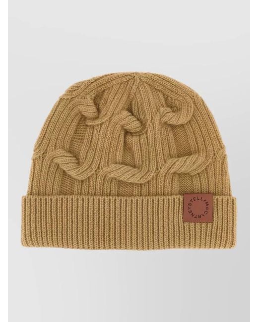 Stella McCartney Natural Wool Beanie Hat Cable Knit Ribbed Hem