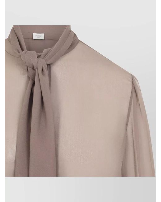Saint Laurent Natural Silk Semi-Sheer Long-Sleeve Tie-Neck Blouse