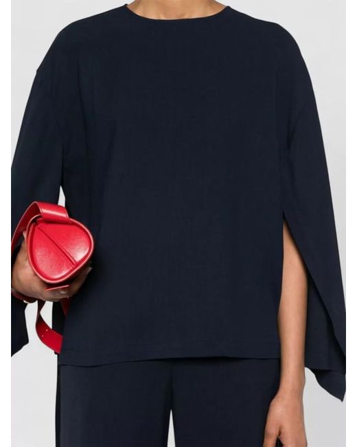 Erika Cavallini Semi Couture Blue Cady Texture Blouse Crew Neck Wide Sleeves