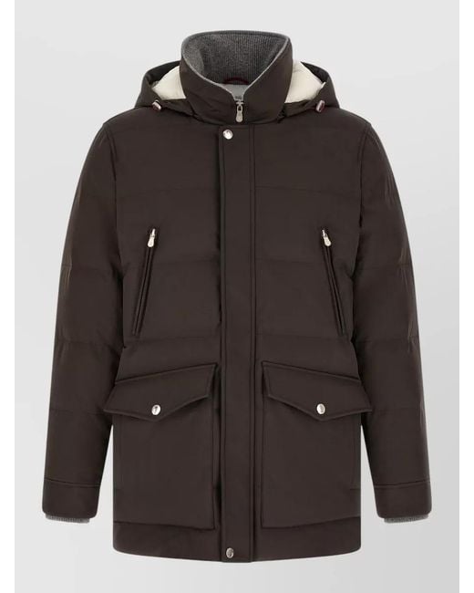 Brunello Cucinelli Black Quilted Hooded Parka Stretch Nylon for men