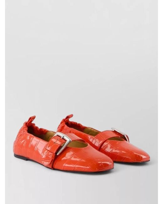 Ganni Red Butterfly Loafers Leather Buckle Detail