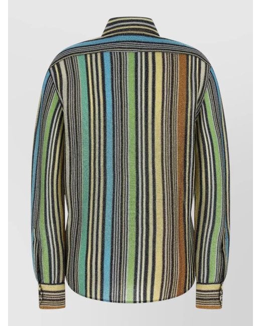 Missoni Green Metallic Viscose Knit Shirt Striped Cuffs