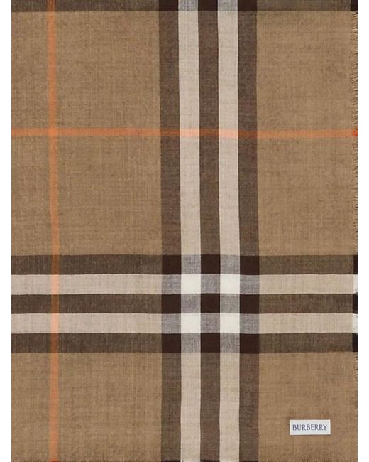 Burberry Natural Lightweight Check Pattern Scarf With Fringed Edges