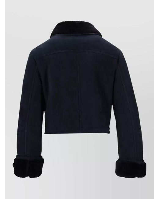 LA ROSE Blue Shearling Leather Cropped Jacket Furry Collar