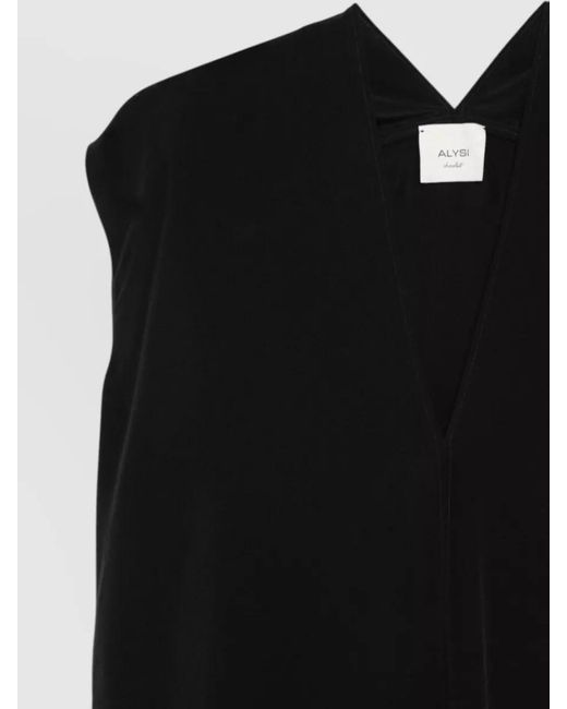 Alysi Black Silk Top Draped Design Sleeveless V Neckline
