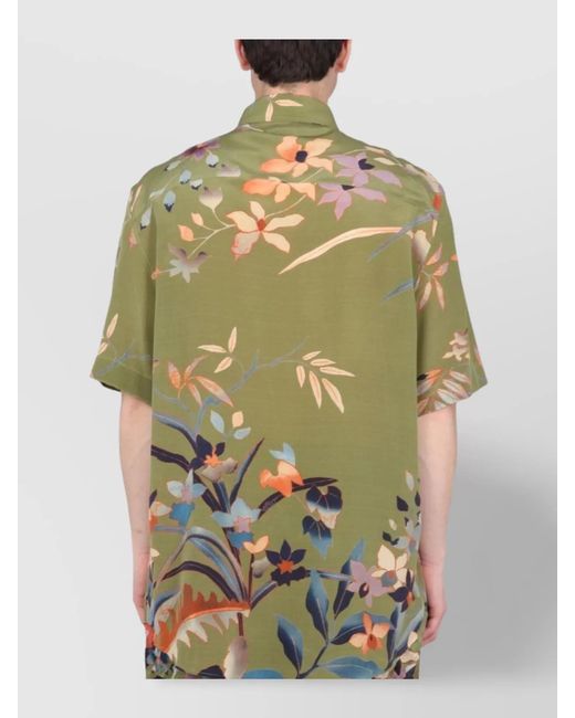 Etro Green Floral-Print Silk Short-Sleeve Shirt for men