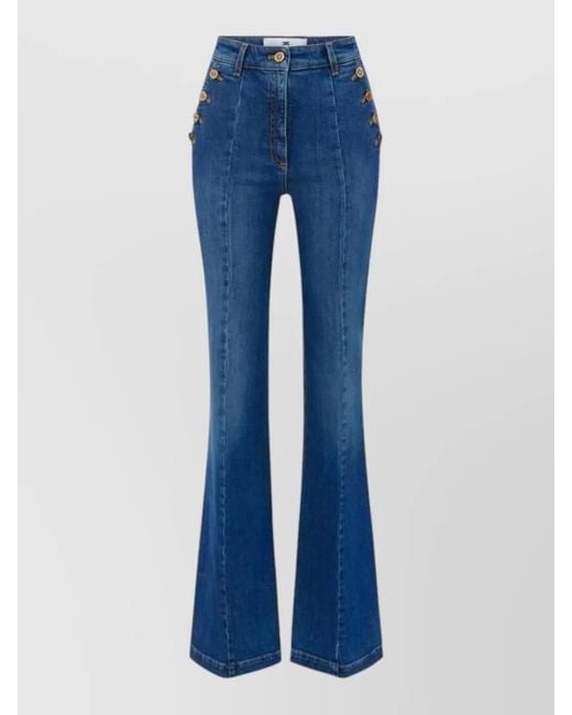 Elisabetta Franchi Blue High Rise Flared Denim Trousers Button Detail