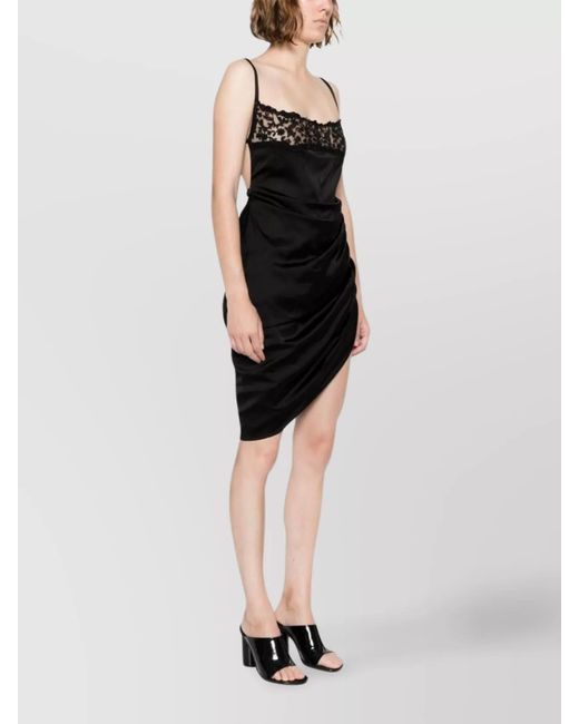 Jacquemus Black Asymmetric Draped Satin Mini Dress