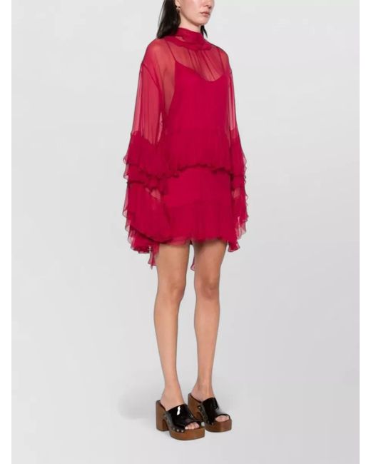Chloé Red Silk Ruffled Long Sleeve Mini Dress