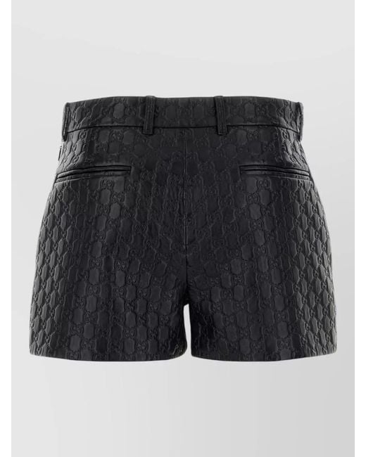 Gucci Black Leather Shorts Embossed Pattern Belt Loops Pockets
