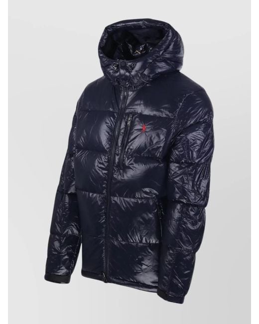 Ralph Lauren Blue Quilted Puffer Jacket With High Collar Hood for men