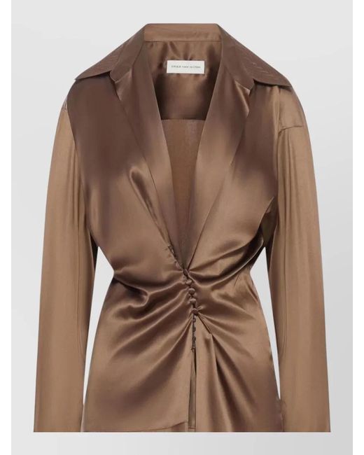 Dries Van Noten Brown Satin Shirt Ruched Long Sleeves Collar