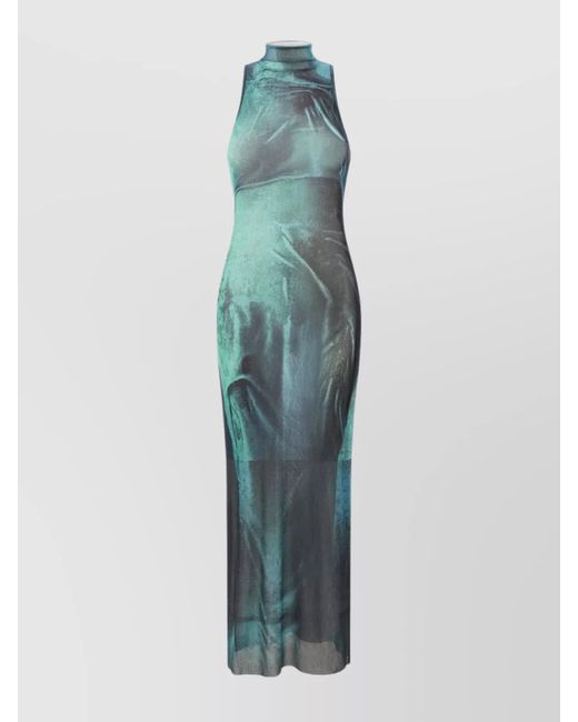 Jean Paul Gaultier Blue Abstract Print High Neck Maxi Length Dress