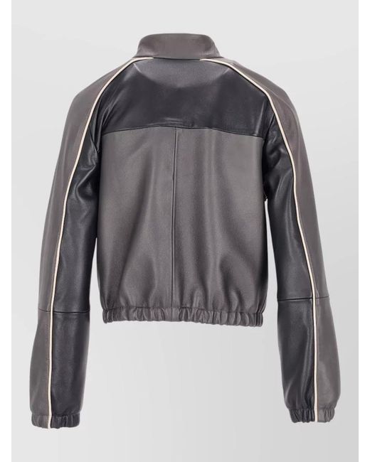 LA ROSE Gray Leather Bomber Jacket Contrast Panels