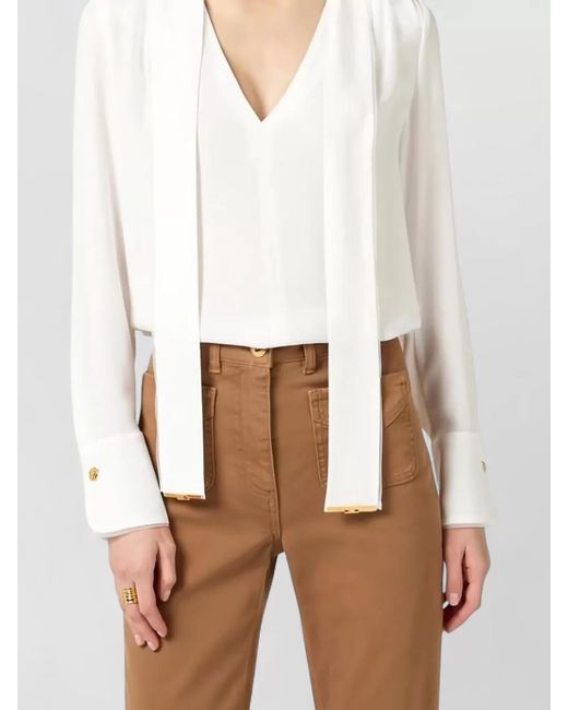 Elisabetta Franchi White Viscose Georgette V-Neck Long-Sleeve Relaxed-Fit Blouse