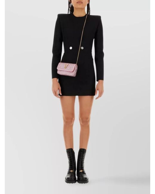 Versace Black Virgin Wool Padded-Shoulder Mini Dress