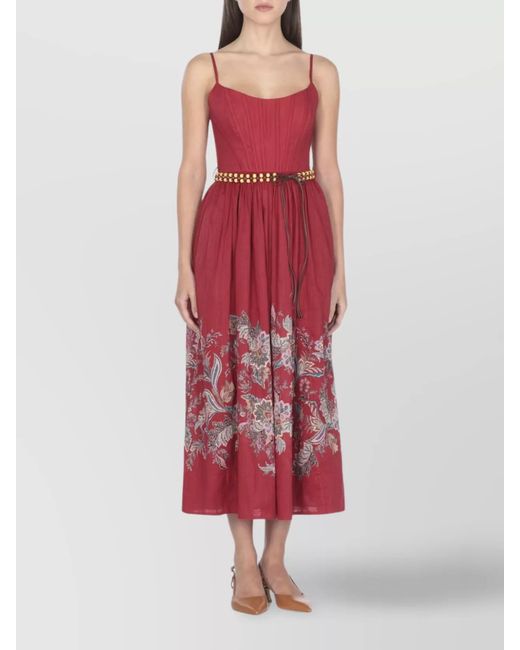 Zimmermann Red Cotton Floral Print Corset Midi Dress
