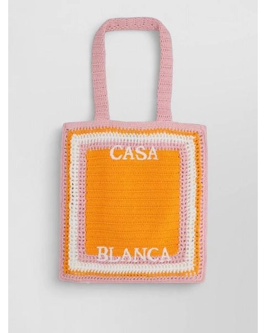 Casablanca Orange Logo Crochet Tote Bag Dual Handles
