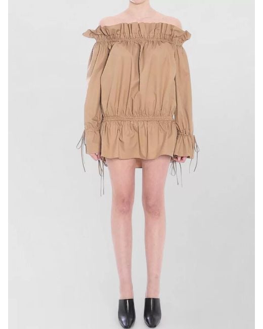 Saint Laurent Natural Cotton Off-Shoulder Ruched Mini Dress