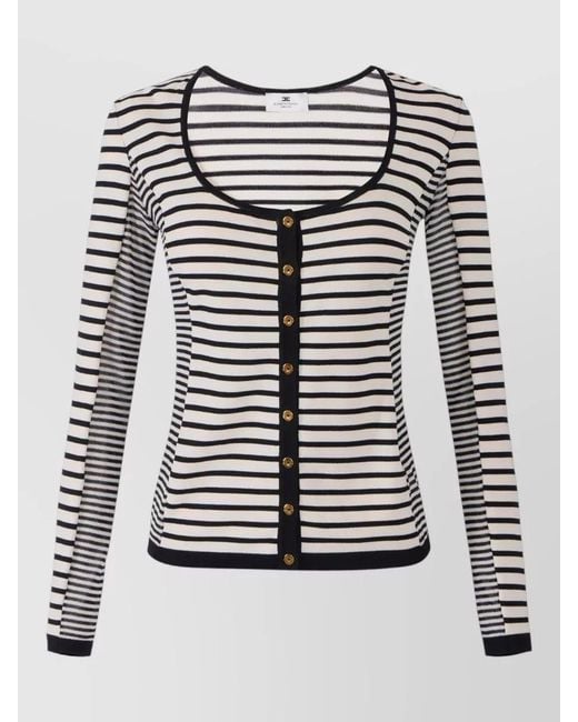 Elisabetta Franchi Gray Knit Top Long Sleeves Scoop Neck Striped