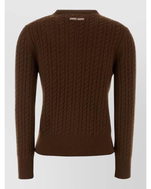 Miu Miu Brown Cashmere Cardigan Crew Neck Cable Knit