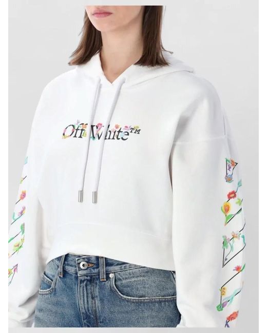 Off-White c/o Virgil Abloh White Cropped Hoodie Flower Motif Ribbed Trim