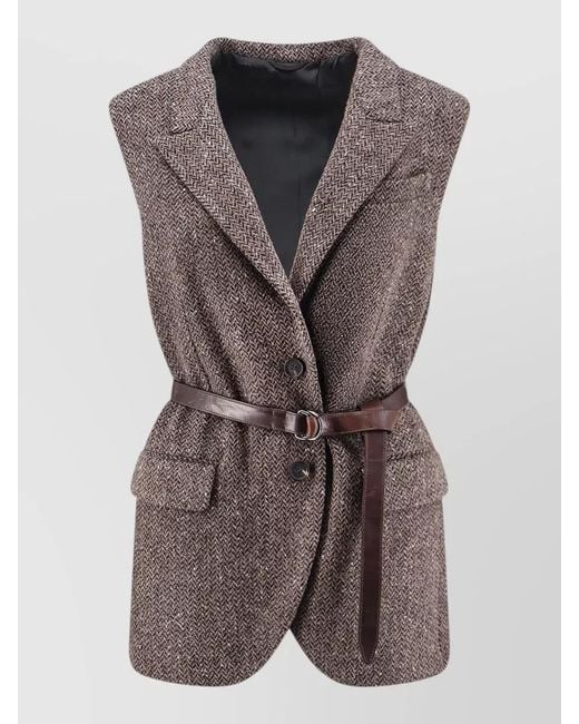 Brunello Cucinelli Gray Wool Herringbone Sleeveless Belted Single Breasted Coat