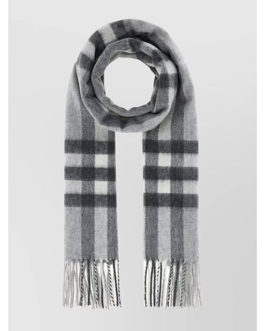 Burberry Gray Cashmere Scarf With Embroidered Checked Pattern
