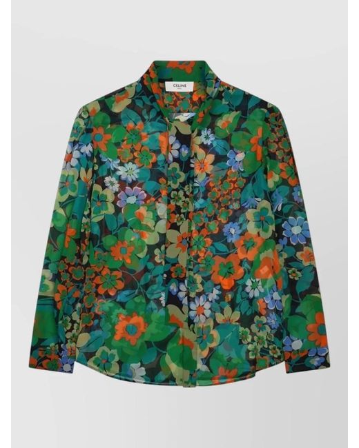 Céline Green Silk Shirt Collar Floral Pattern Lightweight