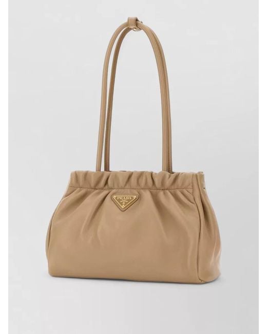 Prada Natural Logo Plaque Ruched Shoulder Bag