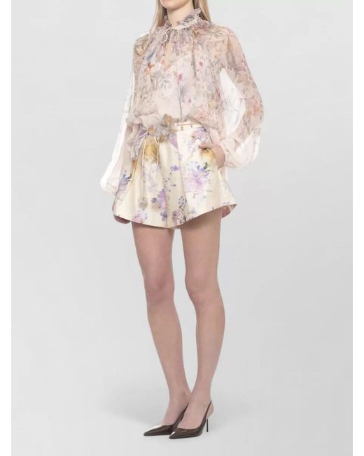 Zimmermann Natural Floral Blouse Drawstring Detail Balloon Sleeves