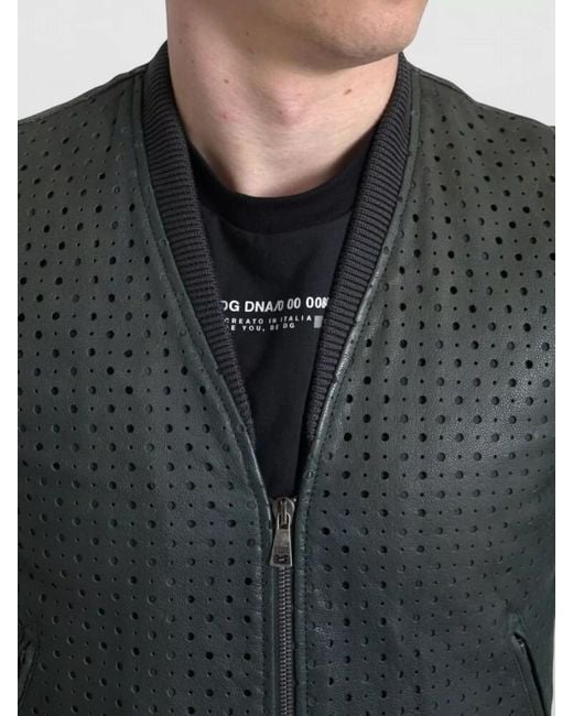 Dolce & Gabbana Gray Leather Perforated Bomber Jacket for men