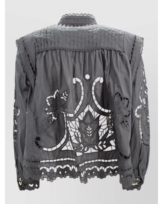 Farm Rio Black Embroidered High Neck Button Blouse