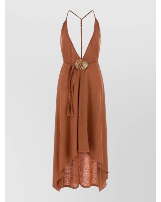 Alanui Brown Linen Dress Deep V-Neck Open Back