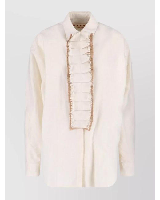 Marni Natural Fringed Collared Top Long Sleeves