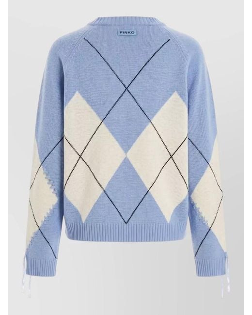 Pinko Blue Crew Neck Argyle Knit Long Sleeve Top