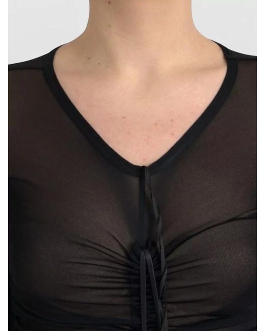 Dolce & Gabbana Black Sheer Ruched V-Neck Long-Sleeve Midi Dress
