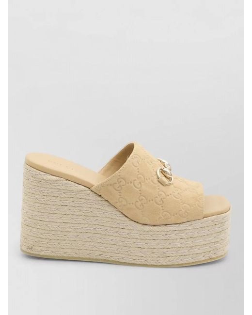 Gucci Natural Gg Monogram Suede Wedge Sandals Morsetto