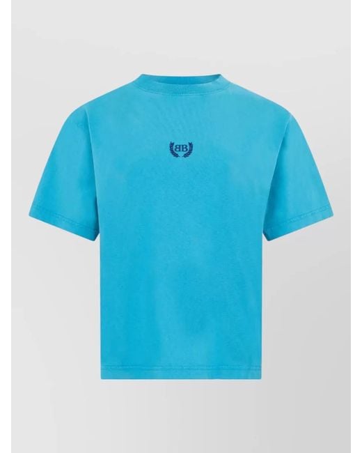 Balenciaga Blue Cotton T Shirt Embroidered Logo Front