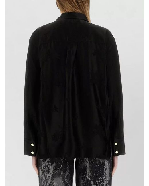 Ganni Black Jacquard Satin Shirt Collared Neck Floral