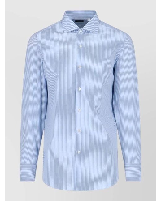 Finamore 1925 Blue Striped Button Down Collar Shirt Long Sleeves for men