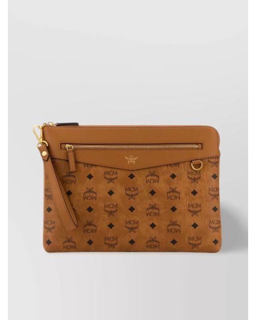 MCM Brown Canvas Clutch With Wrist Strap And Front Zip Pocket