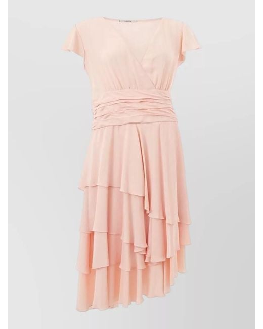 Lardini Pink Acetate V-Neck Short-Sleeve Asymmetric Ruffled Wrap Midi Dress