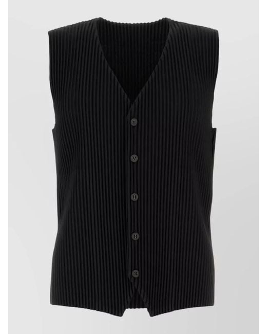 Homme Plissé Issey Miyake Black Textured Polyester Vest Sleeveless V Neckline for men