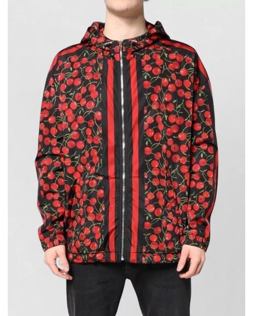 Dolce & Gabbana Red Cherry Print Hooded Windbreaker Jacket for men