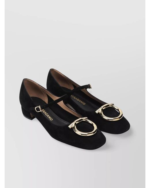 Ferragamo Black Suede Heeled Ballerina Shoes