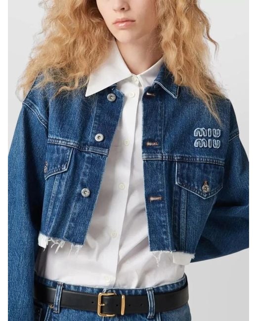 Miu Miu Blue Cropped Blouson With Chest Pockets And Frayed Hem